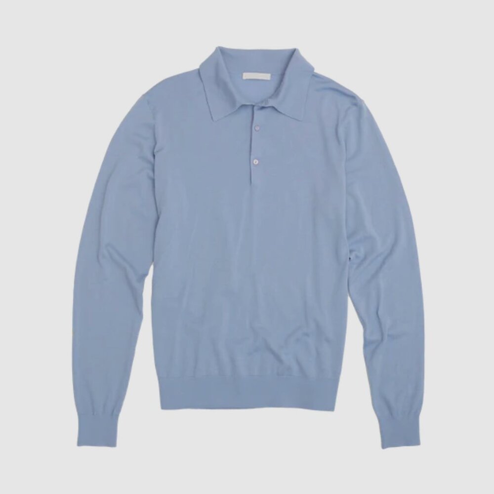 P.JOHNSON Merino Wool Long Sleeve Polo - Dusty Blue
